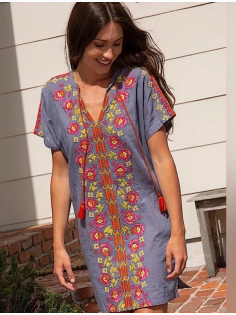 NATURAL LIFE Embroidered Tassel Dress - Tunic Dress Blue Gray